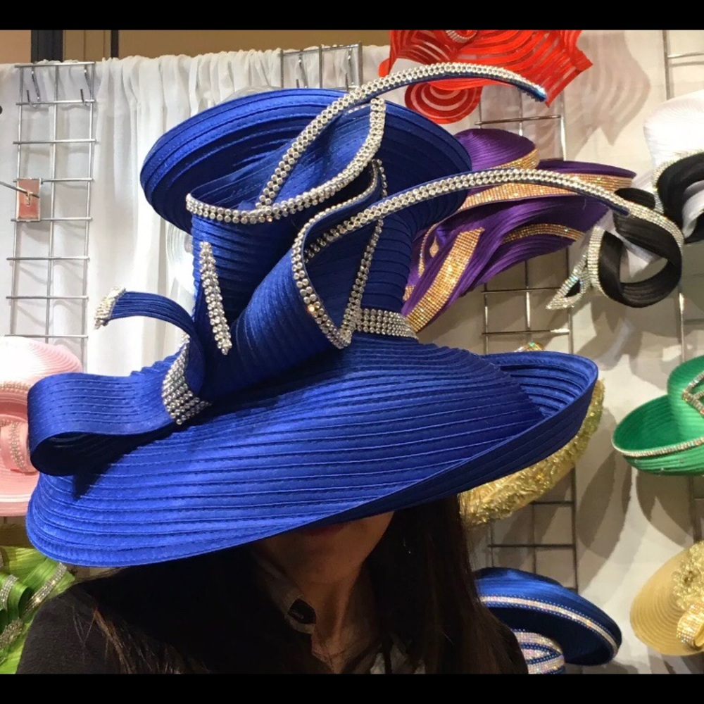 NEW Charm NY * Royal Blue * RHINESTONE HAT CHURCH BLING COGIC DERBY - Picture 2 of 4